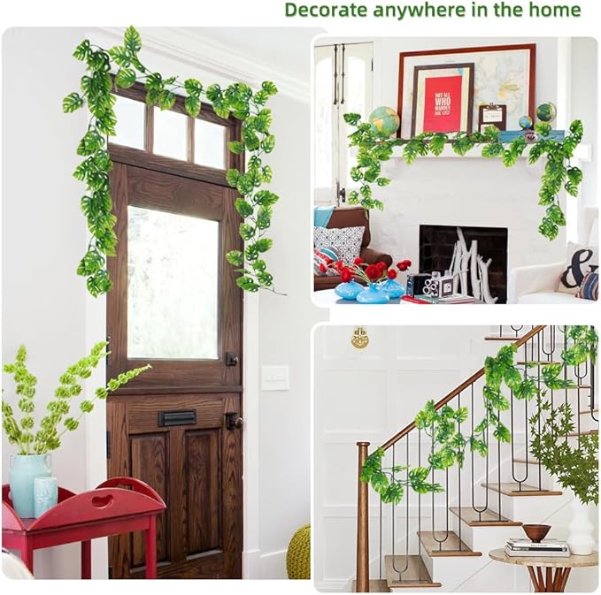 RECUTMS Artificial Monstera Leaves Vines 2Pcs 5.9Ft Fake Tropical Large Palm Leaf Greenery Garland UV Resistant Faux Ivy Rattan for Indoor Outdoor Home Garden Hawaiian Jungle Luau Party Spring Décor