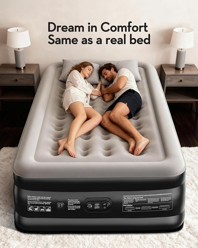OhGeni 20" Full Air Mattress with Built in Pump, Blow up Mattresses, Colchones Inflables Airbed for Guests, Ideal for Elder People Home Use, Knee-Friendly Design, 600LBS