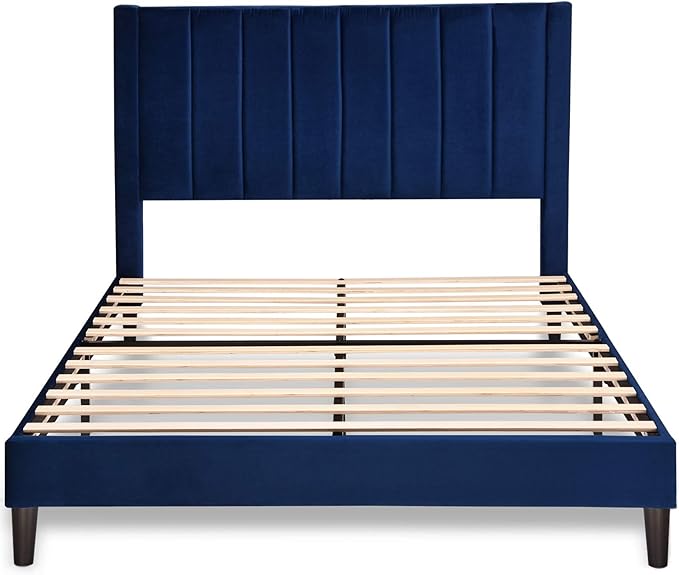 Allewie Full Platform Bed Frame/Velvet Upholstered Bed Frame with Vertical Channel Tufted Headboard/Strong Wooden Slats/Mattress Foundation/Box Spring Optional/Easy Assembly/Navy Blue