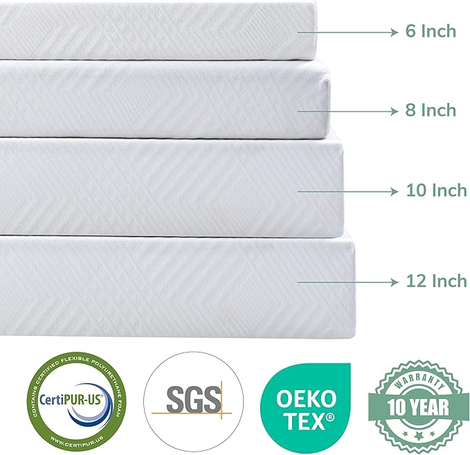 EGO White 8 Inch Queen Memory Foam Mattress, Gel Green Tea Mattress Bed in a Box, CertiPUR-US Certified, Double Mattress, 60"x80", Medium Firm