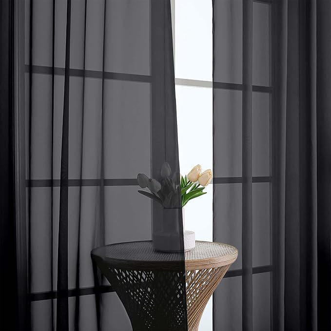 Chyhomenyc Extra Long Black Sheer Curtains 108 Inches Long 2 Panels, Light Filtering Black Curtains for Living Room, Soft Gentle Voile Rod Pocket Bedroom Window Drapes, 59Wx108L Inch, 9FT, 2PCS