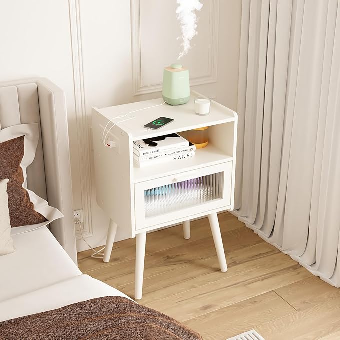 Mid Century Modern Nightstand with Charging Station, Bedside Tables with Glass Drawer, End Table Side Table with 2 Tiers Storage Space, for Bedroom, Living Room, White