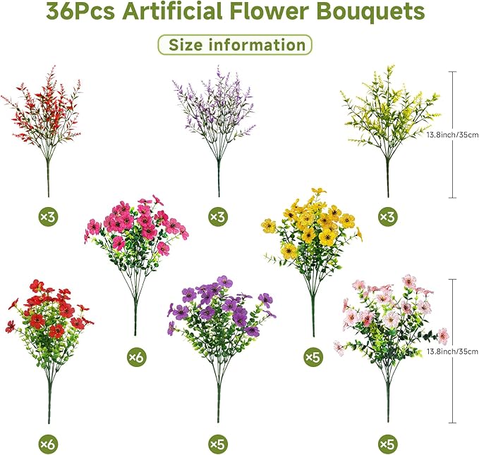 SHareconn 36 Bundles Artificial Flowers for Outdoors Decoration, Faux Plants Fake Silk Colorful Daisy Eucalyptus Lavender, UV Resistant for Outside Home Porch Patio Indoor Spring Decor, Mix 5 Colors