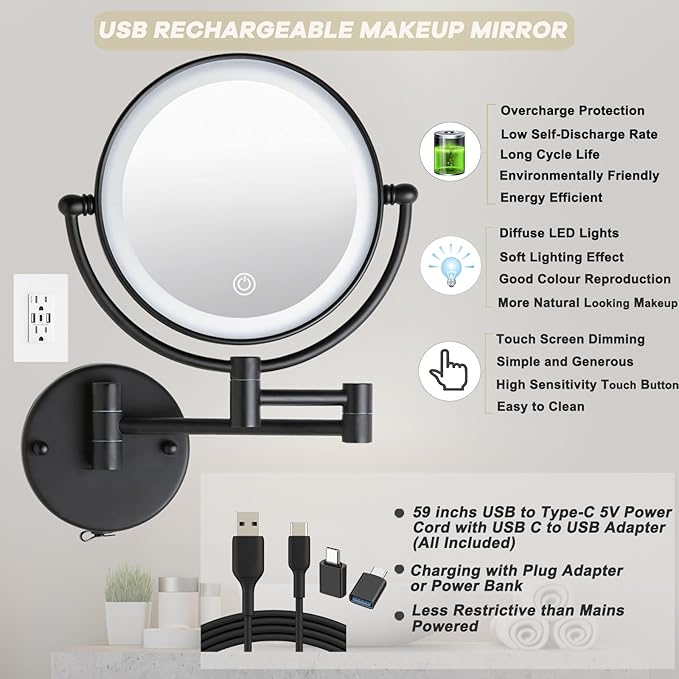 Brushed Brass Lighted Wall Mounted Mirror Magnifying 1×10×, 8-Inch Rechargeable Double Sided, Touch Dimmable Extended Arm 360 Rotation Cosmetic Mirror for Bathroom, Matt Black