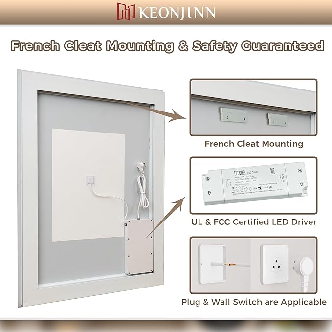 Keonjinn Bathroom LED Mirror 42 x 36 Inch Frontlit and Backlit, Stepless 3 Colors Temperature & Dimmable Tempered Glass Mirror, UL Listed LED Driver, Double LED Strips, Anti-Fog Lighted Vanity Mirror