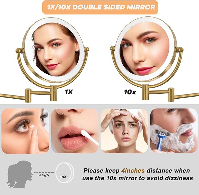 8" Wall Mounted Lighted Makeup Mirror with Magnification Rechargeable, 1X/10X Double Sided, 3 Color Lighting Touch Dimmable 360 Swivel Extendable Arm Vanity Shaving Mirror, Brushed Moderne Brass
