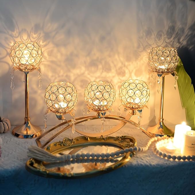 Set of 3 Gold Crystal Tea Light Candlestick Holders Flower Shape with Crystal Pendant Bowl Votive Metal Candle Holder for Table Centerpieces Wedding Home Decor (Set of 3, Gold)