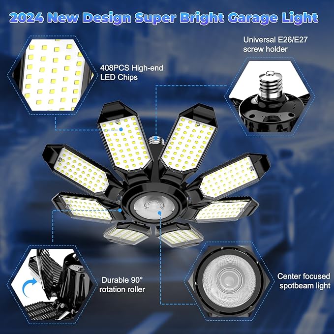 Garage Lights - Super Bright 25000LM Garage Lights Ceiling Led w/ 8 Deformable Panels 6500K Led Light Bulb Srew in E26/E27 Socket with Adjustable Center Spotlight for Barn Workshop Attic