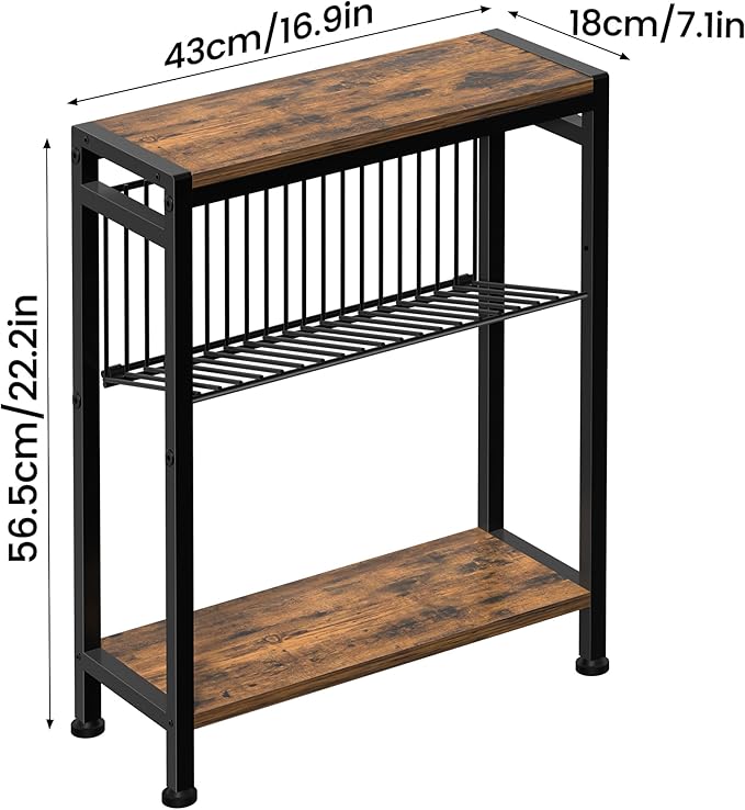 Small Side Table Set of 2 for Small Space, 3-Tier Narrow End Table with Magazine Holder, Slim Nightstand, Skinny Snack Couch Table in Living Room, Bedroom and Balcony (Rustic Brown &Black)
