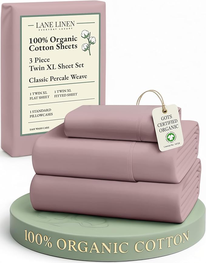 LANE LINEN 100% Organic Cotton Eco Friendly Extra Large Twin Sheets for Hospital Bed, Fully Elasticized Reinforsed Seams in Fitted Pocket, Machine Washable Deep Pocket Twin XL Bedding- Lilac