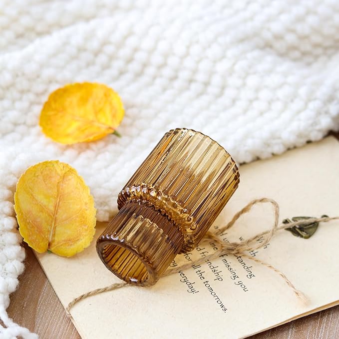 Brown Candlestick Holders 6PCS for Tealight Candle Stick Candles, Ribbed Glass Taper Candle Holders Set, Table Centerpieces for Thanksgiving Christmas Farmhouse Decor Indoor and Outdoor