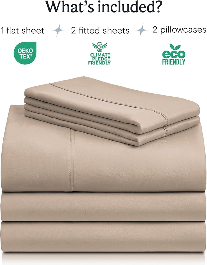 LuxClub 5 PC Split King Sheet Set, Breathable Luxury Bed Sheets, Deep Pockets Wrinkle Free Cooling Sheets Machine Washable Hotel Bedding Silky Soft - Light Khaki Split King