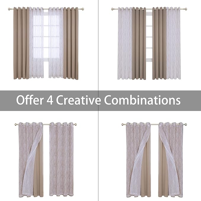 BONZER Mix and Match Curtains - 2 Pieces Branch Print Sheer Curtains and 2 Pieces Blackout Curtains for Bedroom Living Room Grommet Window Drapes, 54x95 Inch/Panel, Taupe, Set of 4 Panels