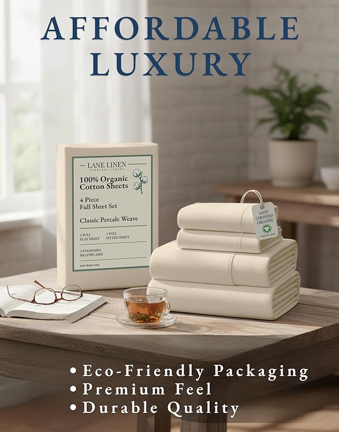 LANE LINEN 100% Organic Cotton Full Sheets Set, 4-Piece Pure Organic Cotton Percale Sheets, Long Staple Cotton Sheet, Ultra Soft Bedding Sheet, Breathable,Fits Mattress Upto 15" Deep - Natural