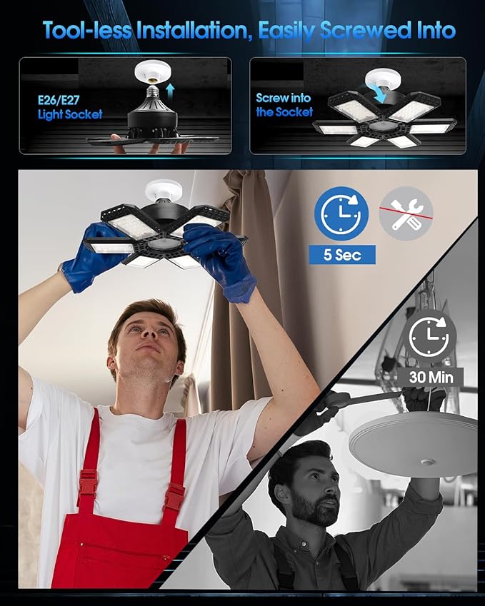 1 Pack Garage Light, 200W 20000LM 6500K LED Shop Lights, Garage Lights Ceiling Led with 6+1 Deformable Panels, Screw in E26/E27 Socket Bulb for Warehouse, Workshop, Basement, Barn Lighting