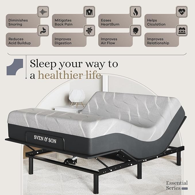 Sven and Son Essential Adjustable Bed Base (Frame) + 12 inch Memory Foam Matt (Medium), Easy Assembly, Head and Foot Lift, Memory Positions, Zero Gravity, Wireless Remote - Full