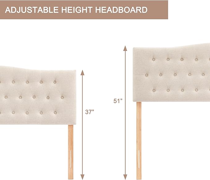 Tufted Upholstered Headboard Twin Size, Sturdy and Durable Solid Wood Twin XL headboard, Fabric Headboard Adjustable Height from 37” to 51”, Modern Button Diamond Design Head Board, Beige