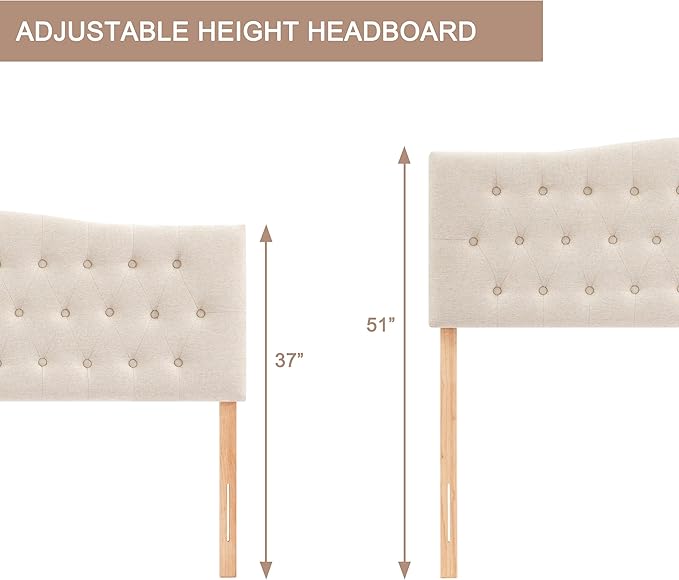 Tufted Upholstered Headboard Full Size, Sturdy and Durable Solid Wood Full XL headboard, Fabric Headboard Adjustable Height from 37” to 51”, Modern Button Diamond Design Head Board, Beige