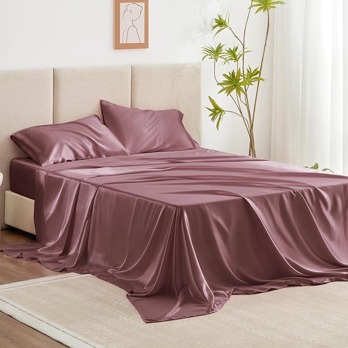 Love's cabin Full Size Satin Sheet Sets - 4 Piece Rose Taupe Silky Sheet Set Full with Deep Pocket, Luxury Silk Feel Bed Sheets Full Bedding Set (1 Flat Sheet,1 Fitted Sheet,2 Pillow Cases)