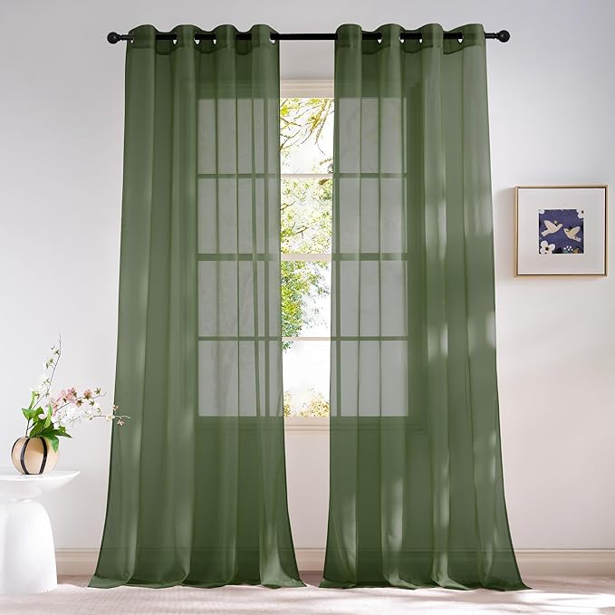 NICETOWN Voile Sheer Forest Green Curtains for Bedroom, Grommet Airy & Lightweight Sheer Window Treatments Light Filtering Drapes for Farmhouse, W54 x L84, 2 Panels