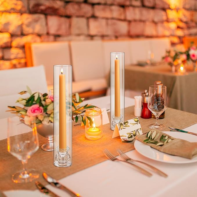 8 Set Christmas Glass Hurricane Candle Holders 12.6" Open Ended Glass Candleholder Tube Shape Bottomless and 2.2" Taper Clear Candlestick Holders for Wedding Party Table Centerpiece (Clear)