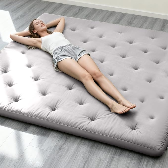 ZonLi Japanese Floor Futon Mattress Queen Size 80"x 60", 100% Cotton Cover 4'' Thicken Tatami Mattress, Foldable Sleeping Pad, Portable Dormitory Tatami Mat, Roll Up Floor Lounger Bed for Adult