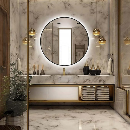 24" Round LED Bathroom Mirror, Wall Mounted Backlit Vanity Mirror with 45° Beveled Frame Lighted Mirror for Bedroom, Fog Free 3-Color Dimmable Lights Memory Function, Black