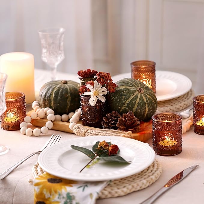 DEVI 24pcs Vintage Amber Votive Candle Holders, Amber Glass Tea Lights Candle Holder for Baby Shower, Boho Wedding Decorations, Vintage Boho Party Home Fall Centerpieces Table Decoration