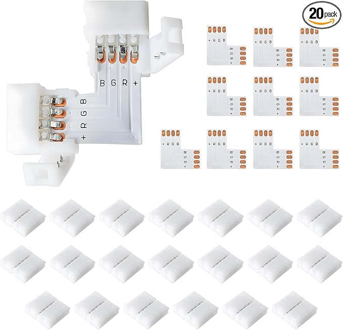 JACKYLED L Shape 8mm 4-Pin LED Strip Connectors 10-Pack Total 32pcs, Unwired Solderless LED Light Connectors for 8mm Wide 4-Pin Strip Lights - 8mm 4pin 10 Pack