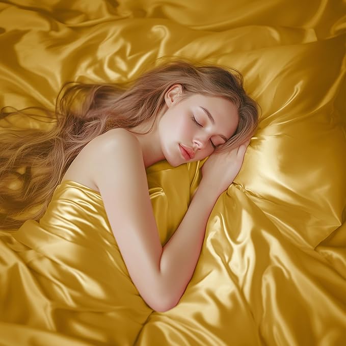 Love's cabin Twin XL Satin Sheet Sets - 3 Piece Gold Silky Bed Sheets with Deep Pockets, Luxury Silk Feel Satin Sheet Set Twin XL (1 Flat Sheet,1 Fitted Sheet,1 Pillow case)