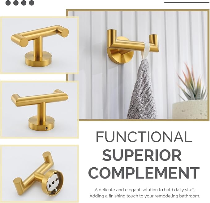Angle Simple Bathroom Double Hook Brushed Gold, SUS304 Stainless Steel Bath Towel Holder, Double Robe Hanger Wall Mount