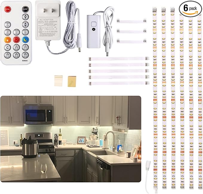 WOBANE Under Cabinet Lighting Kit, 6PCS 20inch LED Strip Bars with 24W Adapter,RF Remote,Hidden Super Bright Daylight for Kitchen Cabinet,Under Desk,Counter Lighting,4000K Natural White,1500LM