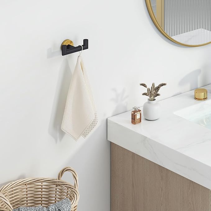 Angle Simple Double Towel Hook, Stainless Steel Hand Towel Holder for Bathroom, Coat Hook for Wall, Black and Gold