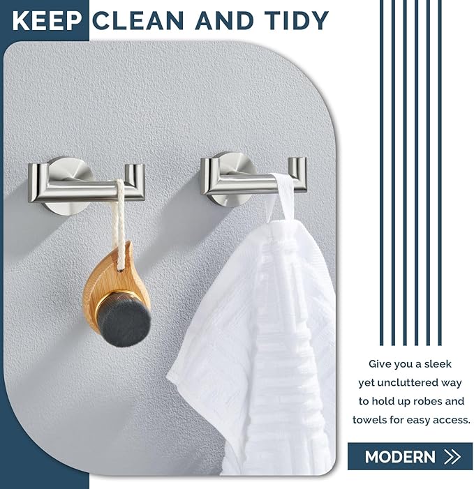 Angle Simple Towel Hook Brushed Nickel 2 PCS, SUS304 Stainless Steel Double Robe Hook, Bathroom Towel Holder, Wall Mount