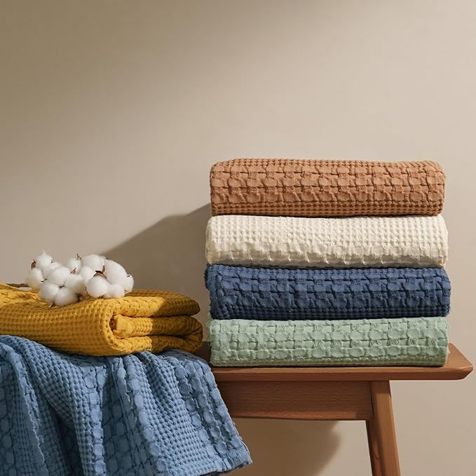PHF 100% Cotton Waffle Weave Blanket King Size for Bed, Soft Lightweight & Breathable, All-Season Comfort, Luxury Aesthetic Woven Bedding for Home Decor, 108"x90", Natural