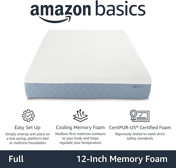 Amazon Basics Memory Foam Mattress, Medium Firm, Cooling Gel, Full Size Mattress, CertiPUR-US® Certified Foam, 75 x 54 x 12 inches, White/Gray