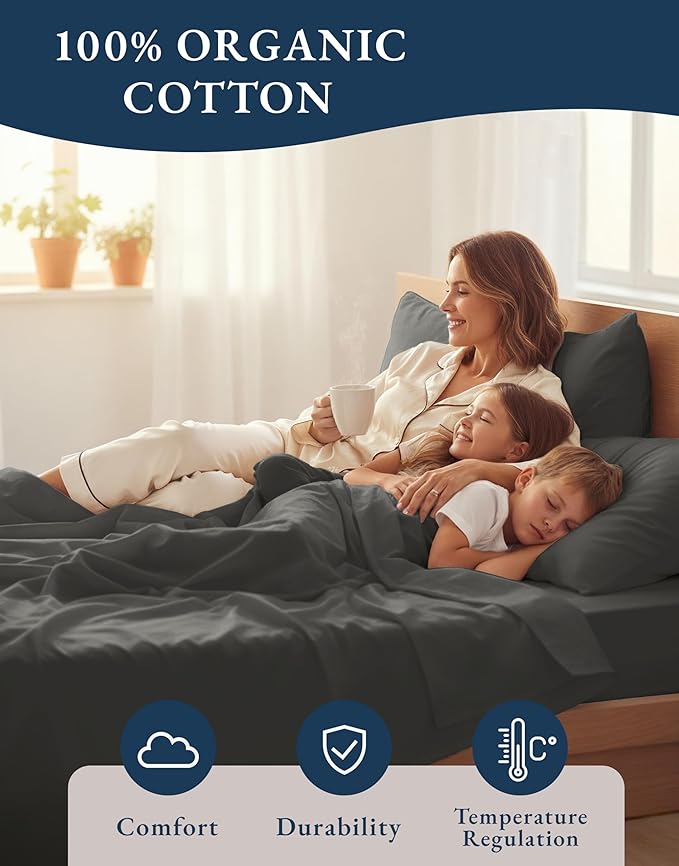 LANE LINEN RV Queen Sheets Set - 100% Organic Cotton Camper Sheet Sets 15" Deep Pocket Fitted (Short Charcoal)