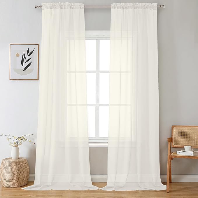 OVZME Sheer Ivory Curtains 108" Inch Length 2 Panels Set, Light Filtering Soft Rod Pocket Voile Drapes for Living Room/Bedroom, Each 42" W x 108" L