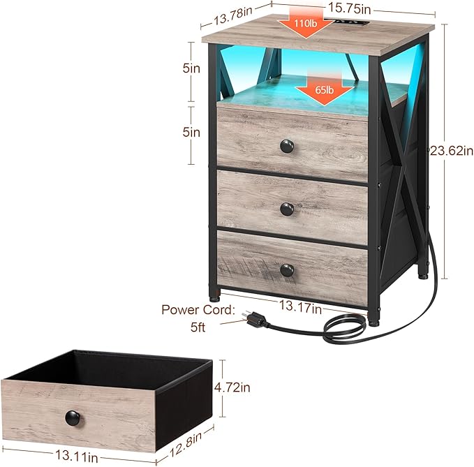 AMHANCIBLE Night Stand Set 2, LED Nightstand with Charging Station, End Side Tables with USB Port & Outlet, Bedside Table with 3 Fabric Drawers for Bedroom Living Room, Greige, HET053LGY