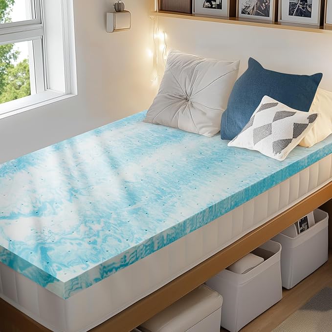 PERLECARE 4 Inch Twin Memory Foam Mattress Topper, Cooling Gel Infused Mattress Pad, Ventilated Bed Topper for Pressure Relief, CertiPUR-US Certified, Dorm Room Essentials, Blue