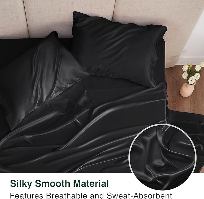 Love's cabin California King Satin Sheet Sets - 4 Piece Black Silky Sheets Bed Set with Deep Pocket, Luxury Silk Feel Satin Cal King Sheet Set (1 Flat Sheet,1 Fitted Sheet,2 Pillow Cases)
