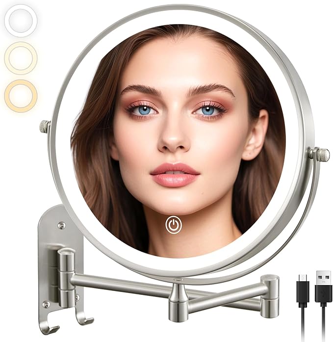 ALHAKIN 9" Wall Mounted Lighted Makeup Mirror, Rechargeable 1X/15X Magnifying Mirror with 3 Color Lights Dimmable, 360° Rotation, Nickel