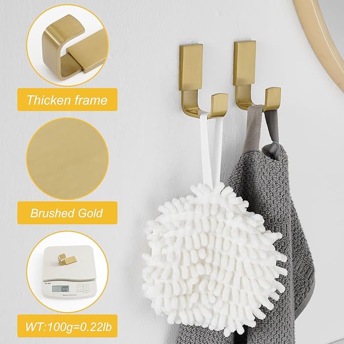 BESy Brass Clothes Hook Single Towel Hook for Bathroom Kitchen Garage Square Style Robe Hooks Coat and Hat Hook, Self Adhesive with Glue or Wall Mounted with Screws, Brushed Gold