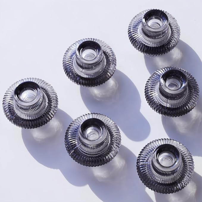 VOHO Smoky Grey Taper Candle Holders Set of 6, Classic Ribbed Candle Sticks Holder Decor for Table Centerpiece at Daily/Birthday/Party, Double Sided Candle Holder for Candlesticks & Tea Lights Candles