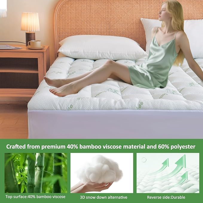 Bioeartha Cooling Mattress Topper King – Extra Soft Pillow Top Mattress Pad, Breathable Viscose Made from Bamboo Mattress Protector for Back Pain Relief, Deep Pocket Cover Fits 8–21 Inch