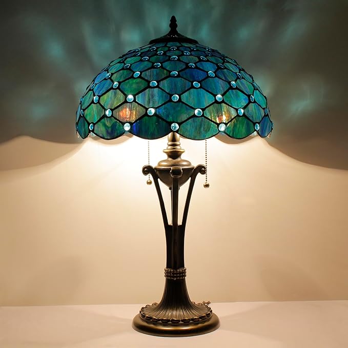 Tiffany Table Lamp Sea Blue Pearl Stained Glass Desk Lamp 16X16X24 Inches Reading Light