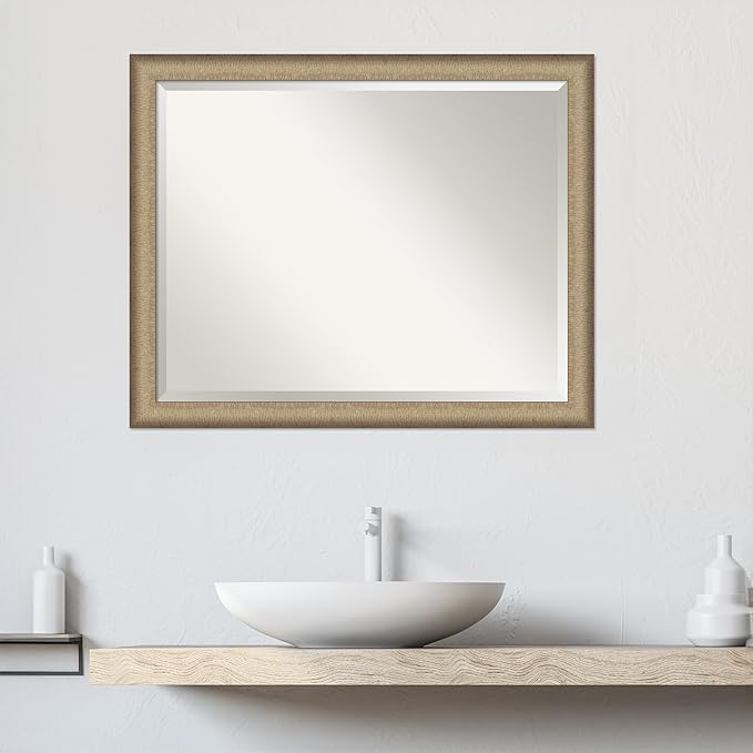 Amanti Art Bronze Bathroom Mirror for Over Sink, 25x31 Elegant Brushed Bronze Narrow Rectangle Vanity Mirror, Large Casual Frame, Hangs Horizonally and Vertically, Bathroom Wall Decor, Beveled Edge