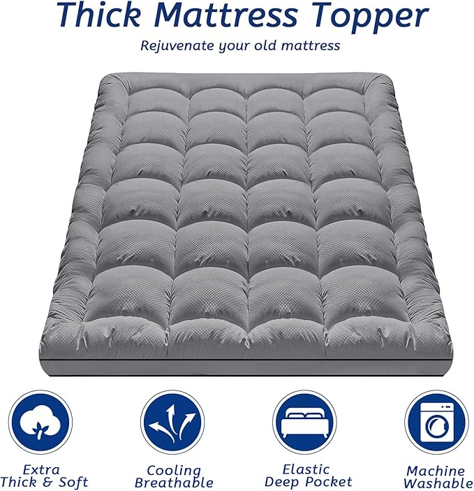 Queen Size Mattress Topper for Back Pain, Cooling Extra Thick Mattress Pad Cover with 8-21 inch Deep Pocket, Plush Pillow Top Mattress Topper Overfilled with Down Alternative, Queen Size, Dark Grey