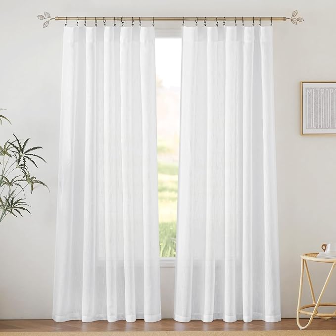 RYB HOME White Sheer Curtains Privacy Linen Textured Blend Half Translucent Window Treatment for Living Room Patio Sliding Door Bedroom, White W 70 x L 84 inch, 2 Pcs