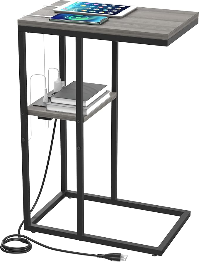 Yoobure C Shaped End Table with Charging Station, Small Side Table for Living Room, Bedroom, Sofa with USB Ports and Outlets for Small Spaces, C Couch Rustic Snack Bed Side Table